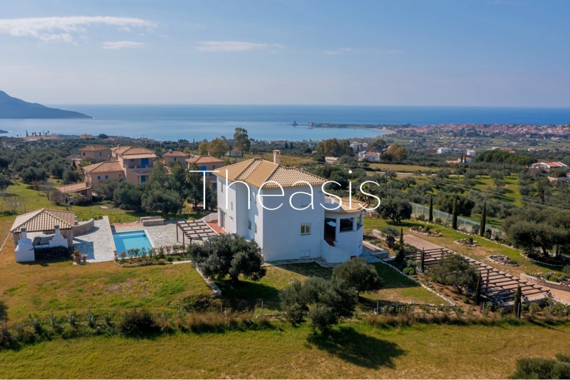 K-Bell Villa in Tapia-Methoni, West Peloponnese, ref.360: Breathtaking Sea, sunset & castle views, Peaceful location, Total Plot 4127,82 m², Living Area 315 m², 4 Bedrooms, 4 Bathrooms, 1 WC, Garden, Swimming Pool, Parking Area, fully equipped Barbecue Area, Entrance Gate, Fenced, Easy Access