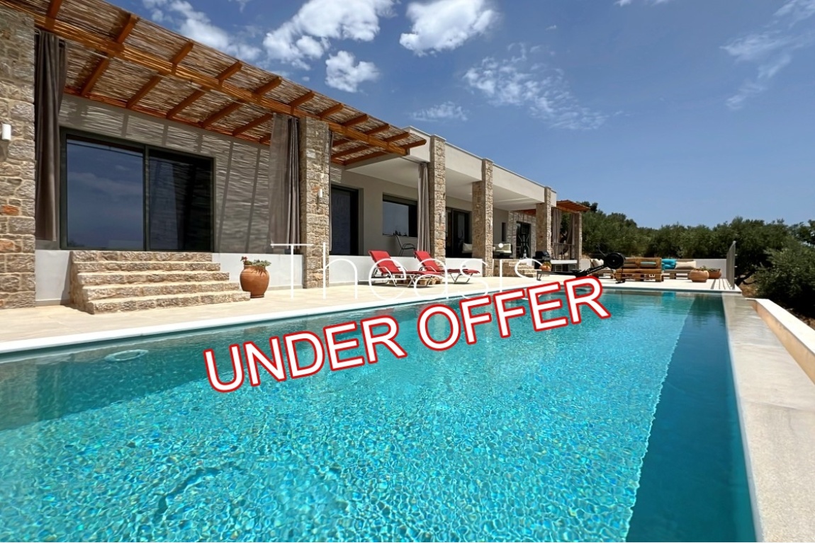 Modern Villa ref.381: Newly built (2023) villa with stunning sunset, sea and island views, Hillside location in Akritochori – Finikounda area, Plot 5571.95 m² with olive trees, Modern design, Living area 162 m² (182 m² including the walls), 3 Βedrooms, 2 Βathrooms, Storage area, Swimming pool with infinity, Large terraces partly shaded, Easy access.